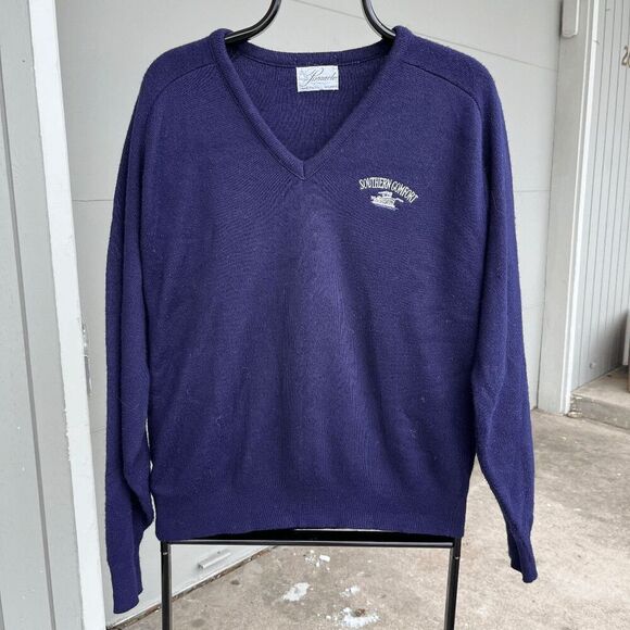 Vintage 1980s Pinnacle Southern Comfort V-Neck Sweater Navy Blue Size L USA Made - Picture 1 of 7
